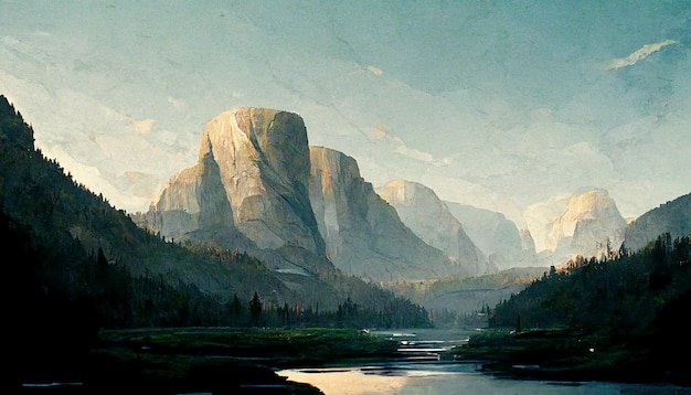Artwork sketch of natural peaceful Illustration. Fabulous watercolor landscape of mountains, flowers