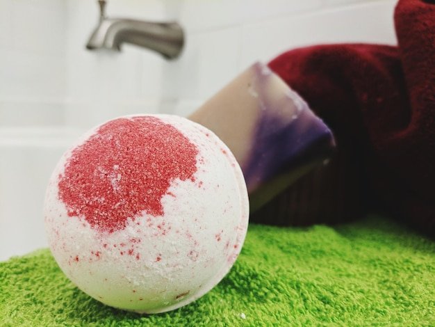 Close-up of red ball on table
