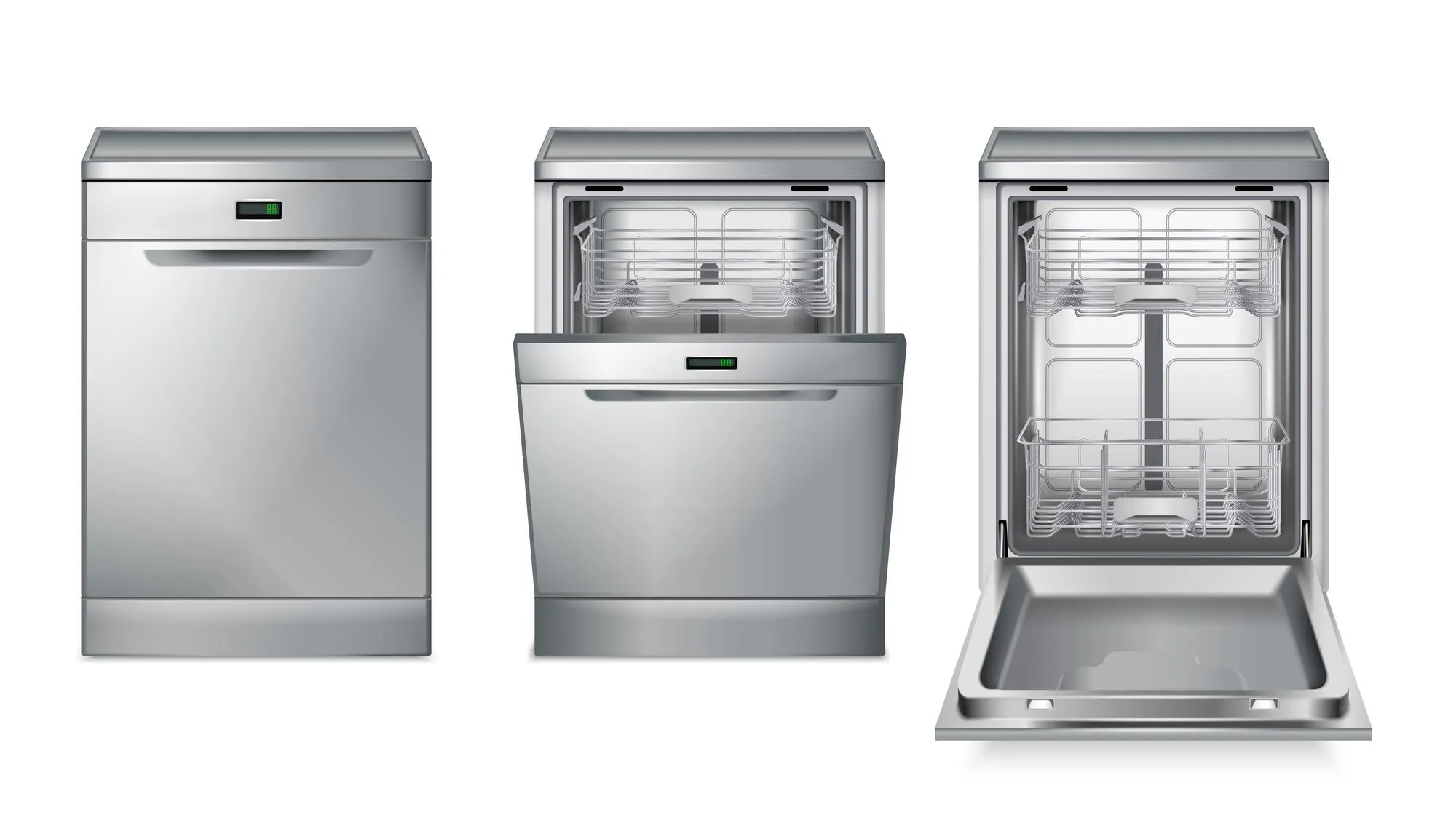 Dishwasher machine grey realistic set with three isolated images with different views of dish washing machine