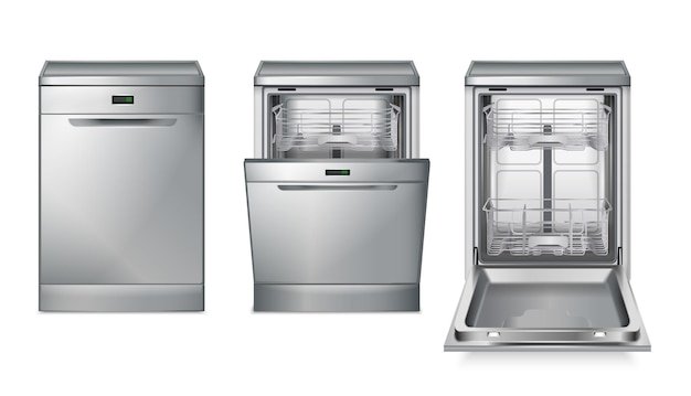 Dishwasher machine grey realistic set with three isolated images with different views of dish washing machine