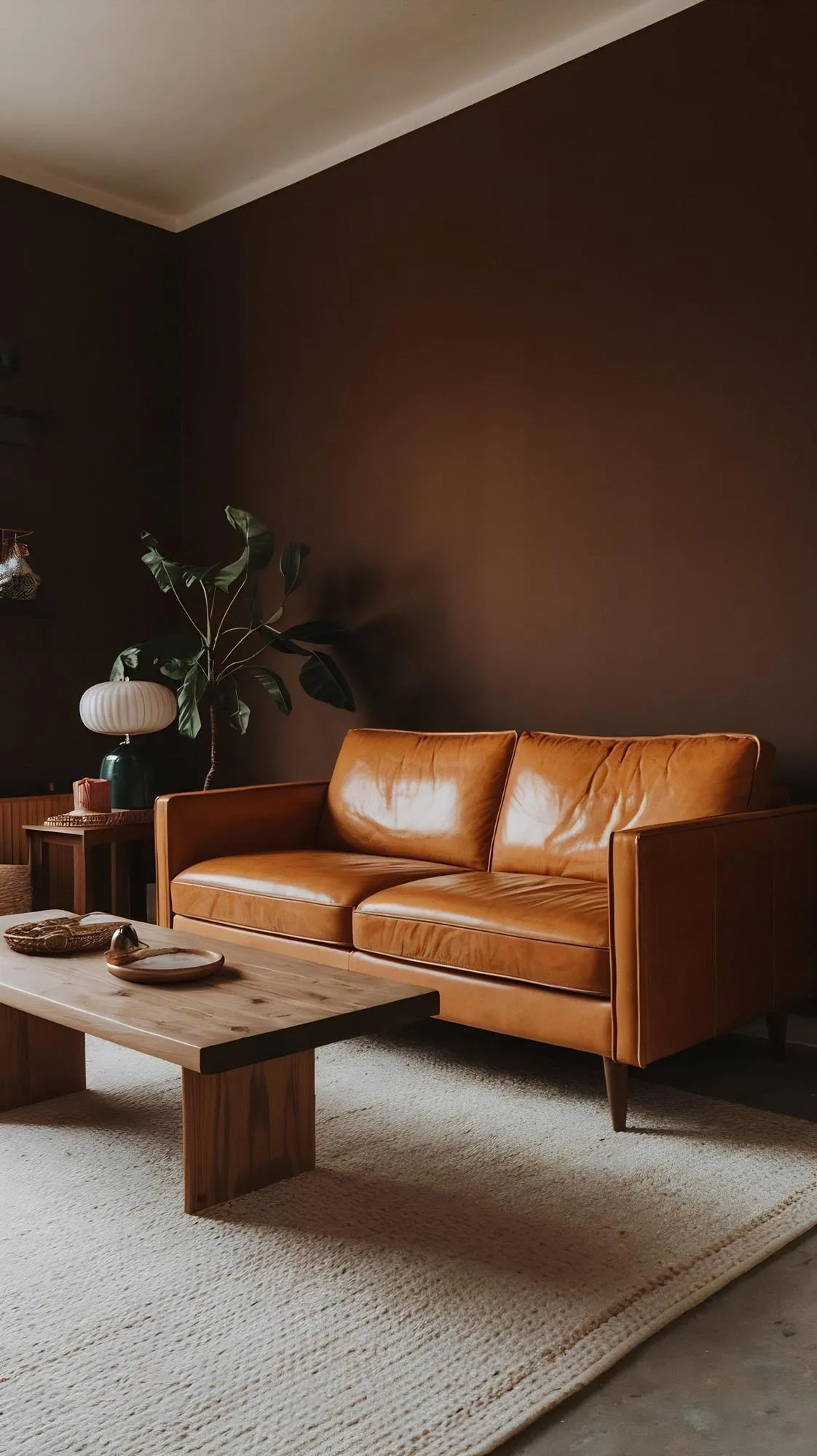 Living room have orange leather sofa and decoration minimal on dark brown wall