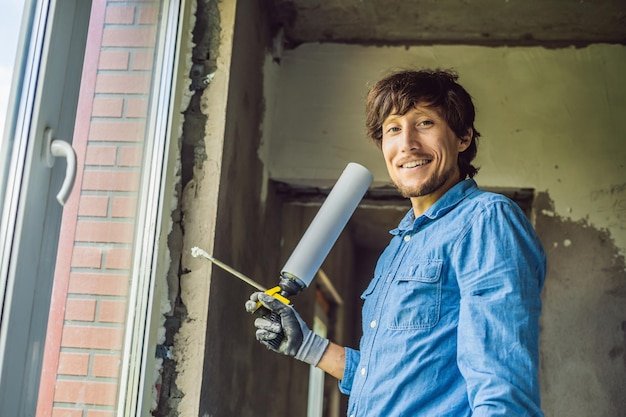Man in a blue shirt does window installation. Using a mounting foam.