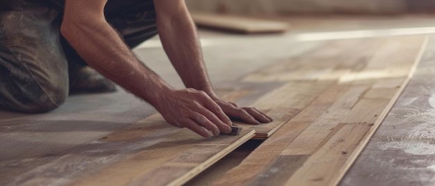 A skilled craftsman carefully lays down wooden flooring ensuring precision and quality