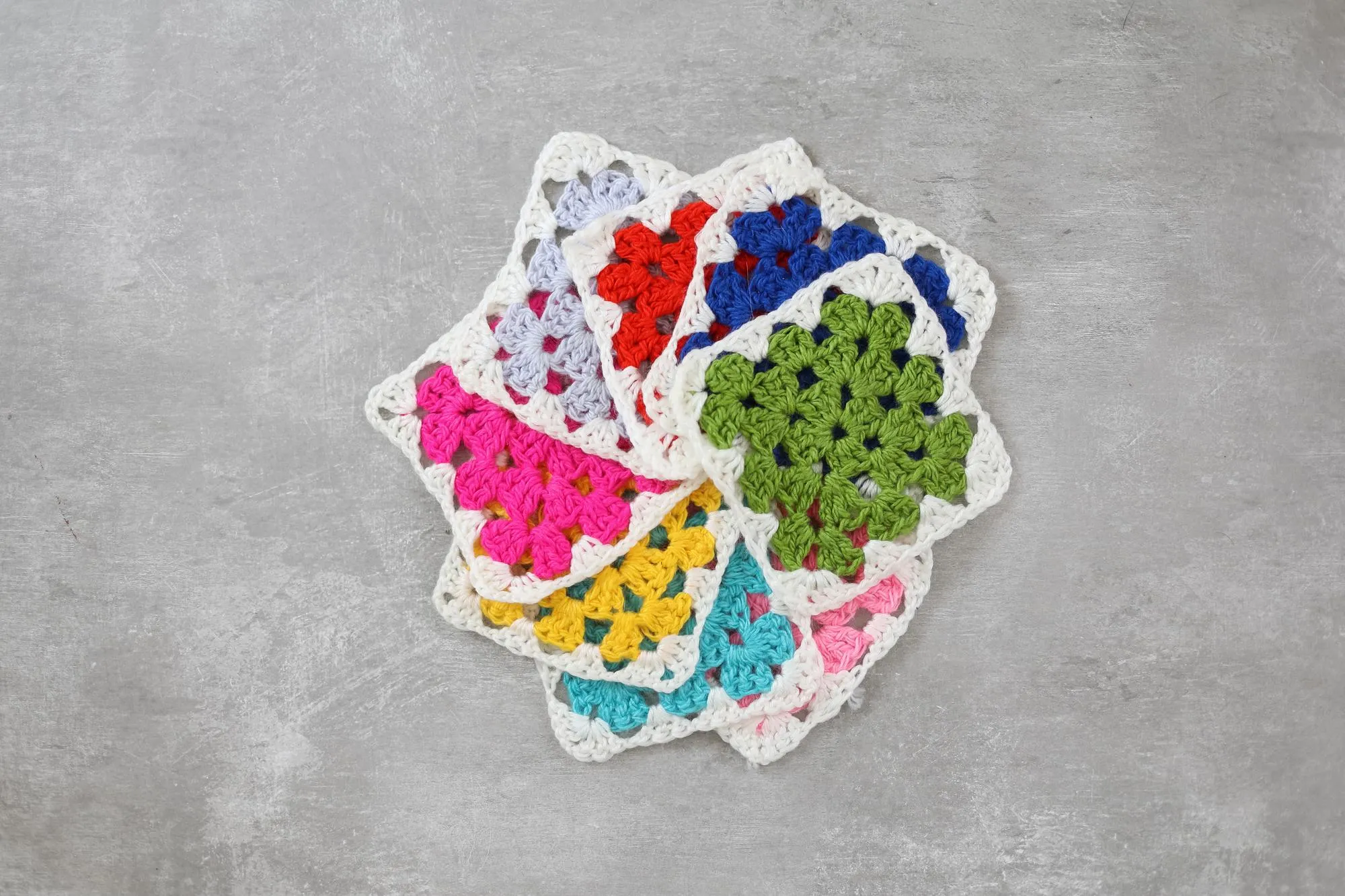 Top view of colorful granny squares pattern