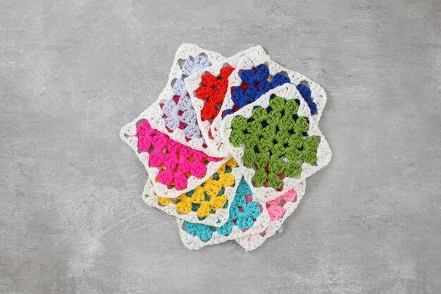 Top view of colorful granny squares pattern