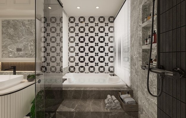 a bathroom with a shower and a black and white tile floor