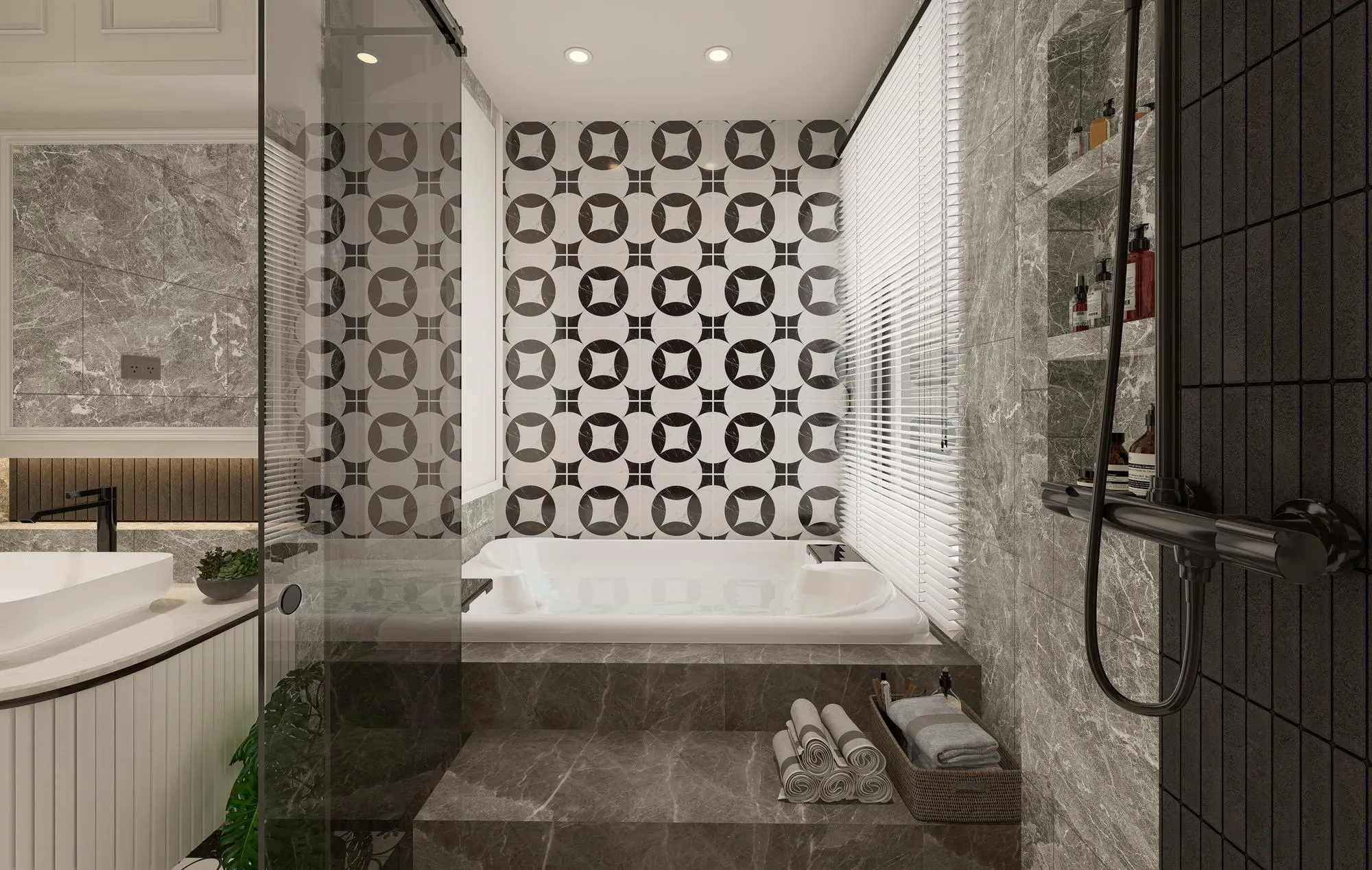 a bathroom with a shower and a black and white tile floor