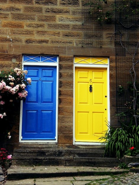 Closed blue and yellow doors
