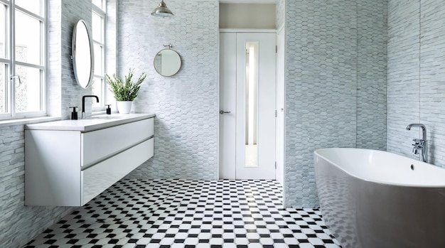 Elegant White Bathroom with Checkerboard Floor