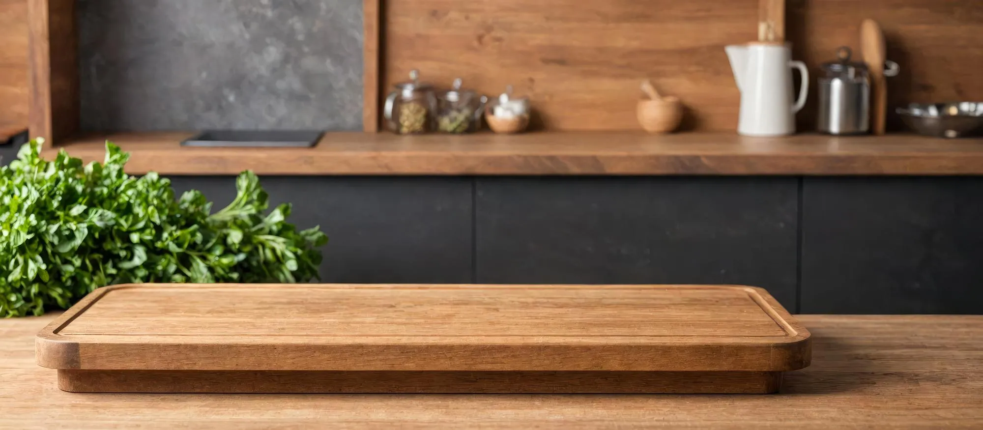 Empty Wooden cutting board in kitchen setting rustic style food preparation concept Natural light kitchen counter top ready for cooking culinary blogs recipe websites food magazines
