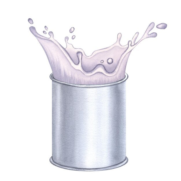 Iron aluminum can splash of white paint Hand drawn watercolor illustration isolated