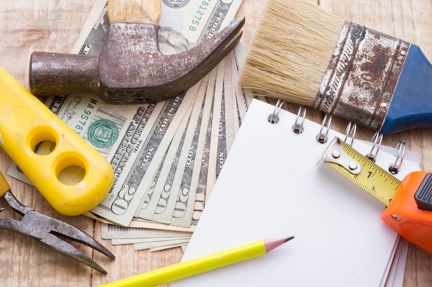 Tools and notebook to make a budget of remodeling or DIY at home
