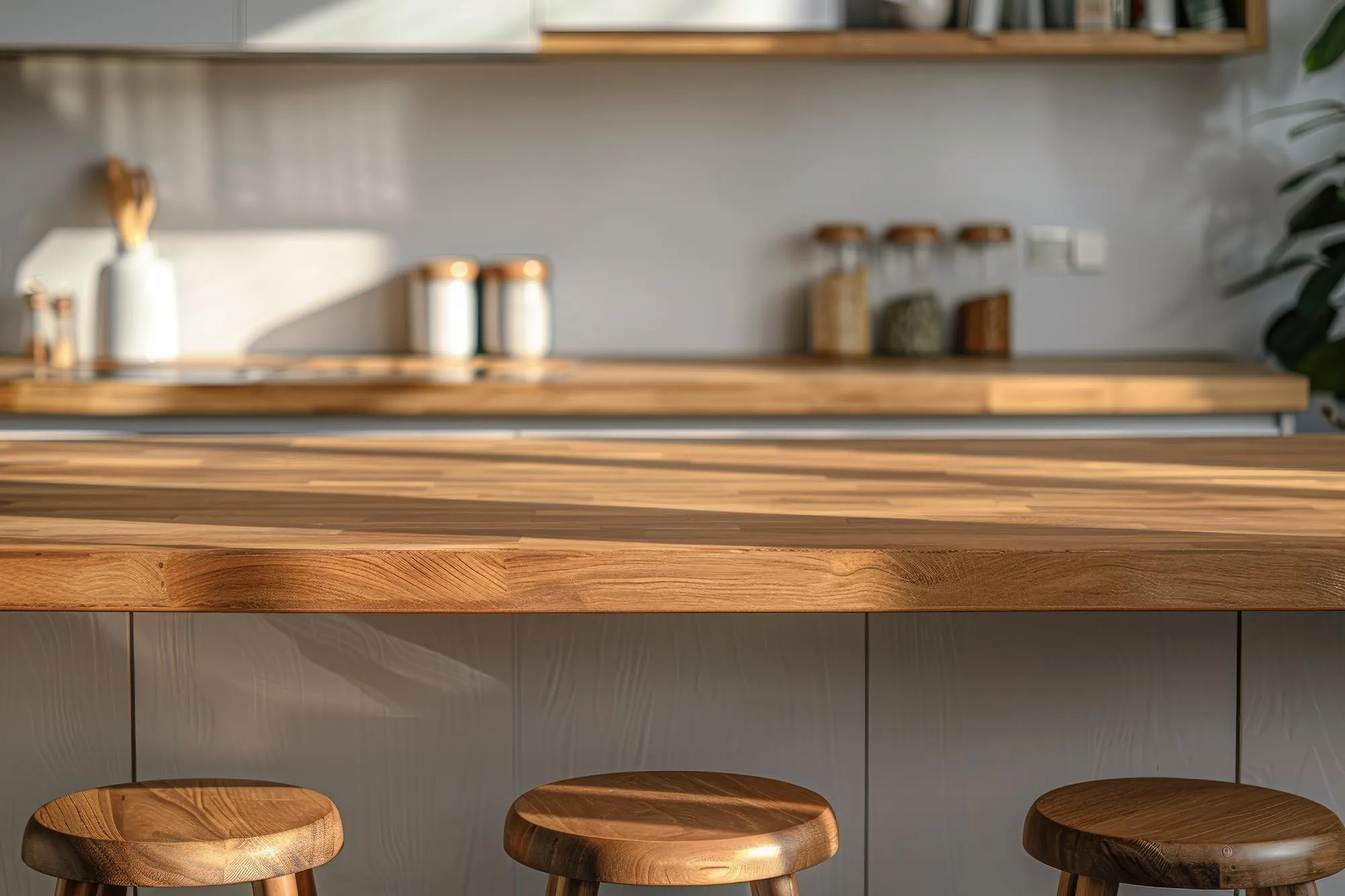 Wooden Kitchen Countertop and Bar Stools
