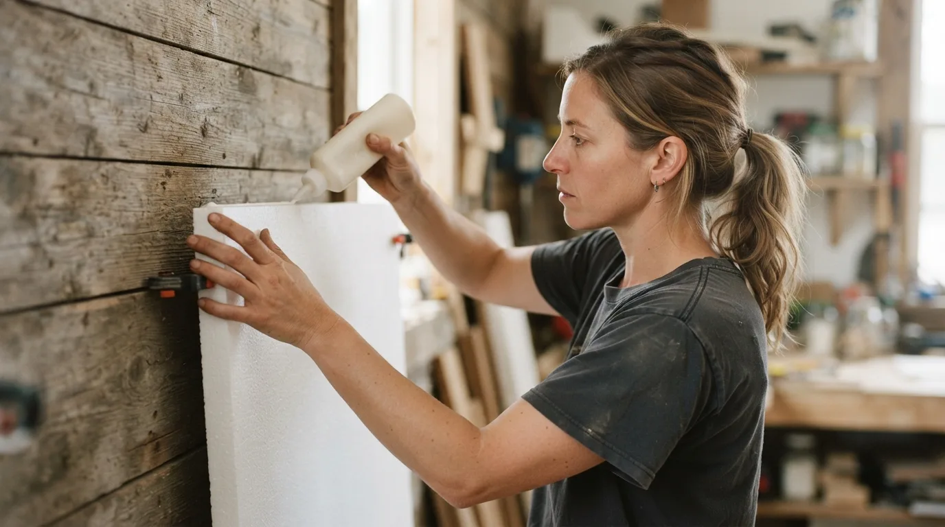 a person applying glue to a foam board on a wooden wall