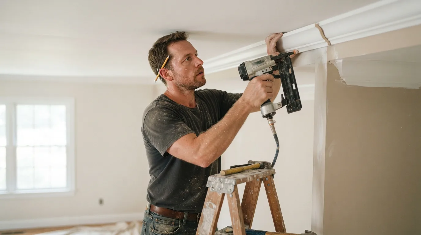 a person installing ceiling molding