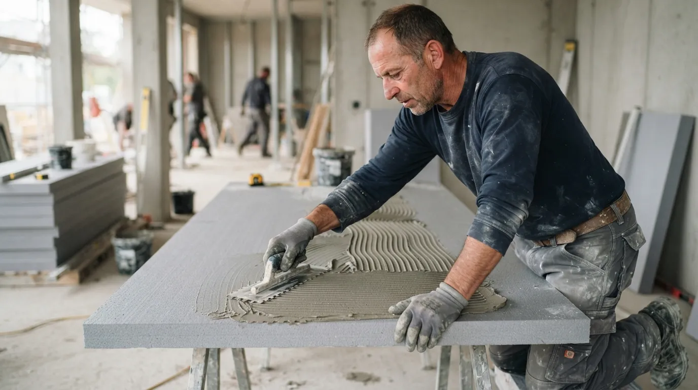 a worker applying adhesive to a large insulation board