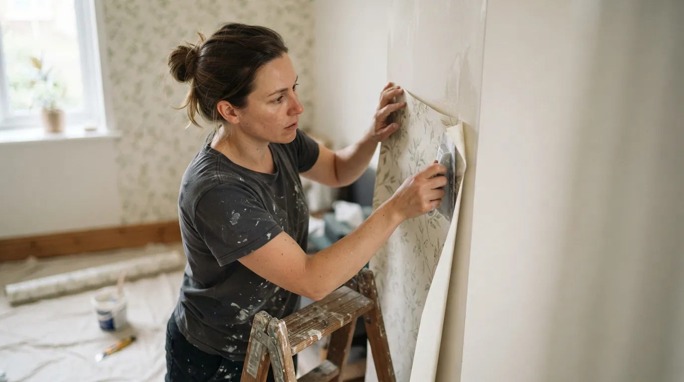 a person applying wallpaper to an interior wall corner