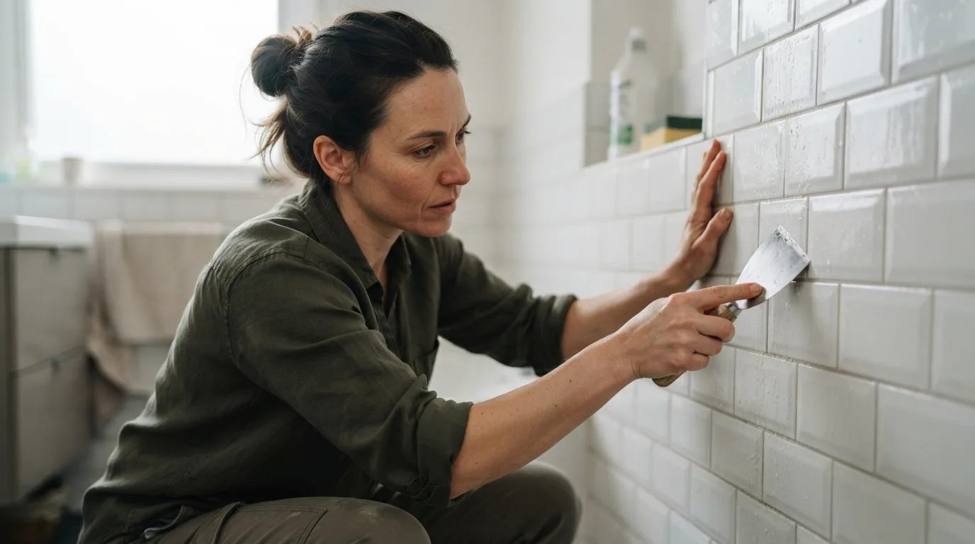 a person cleaning a ceramic tile with a scraper