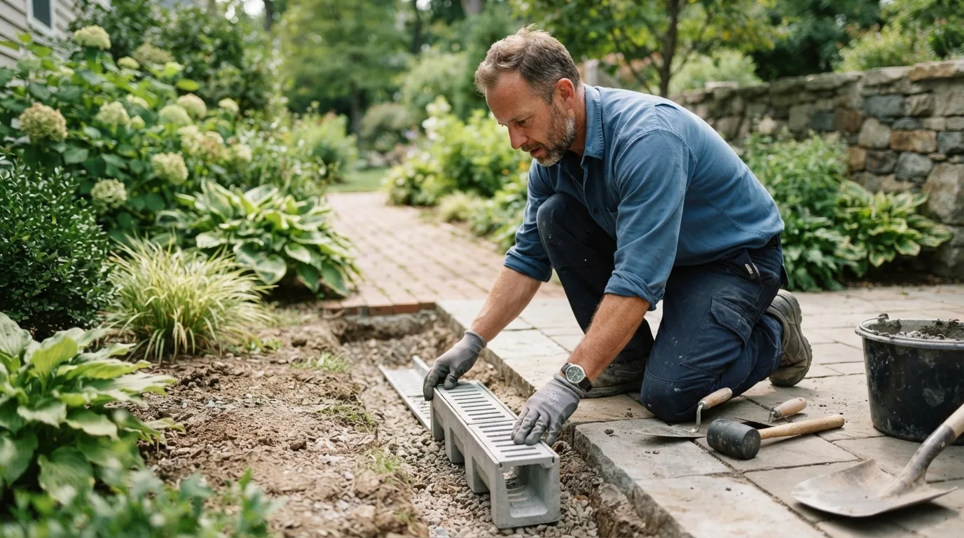 a person installing a drainage channel in a garden