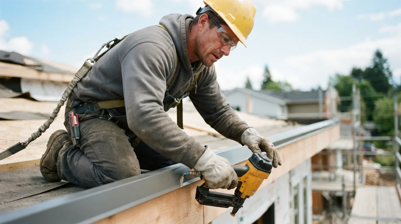 a construction worker installing a metal roof edge profile