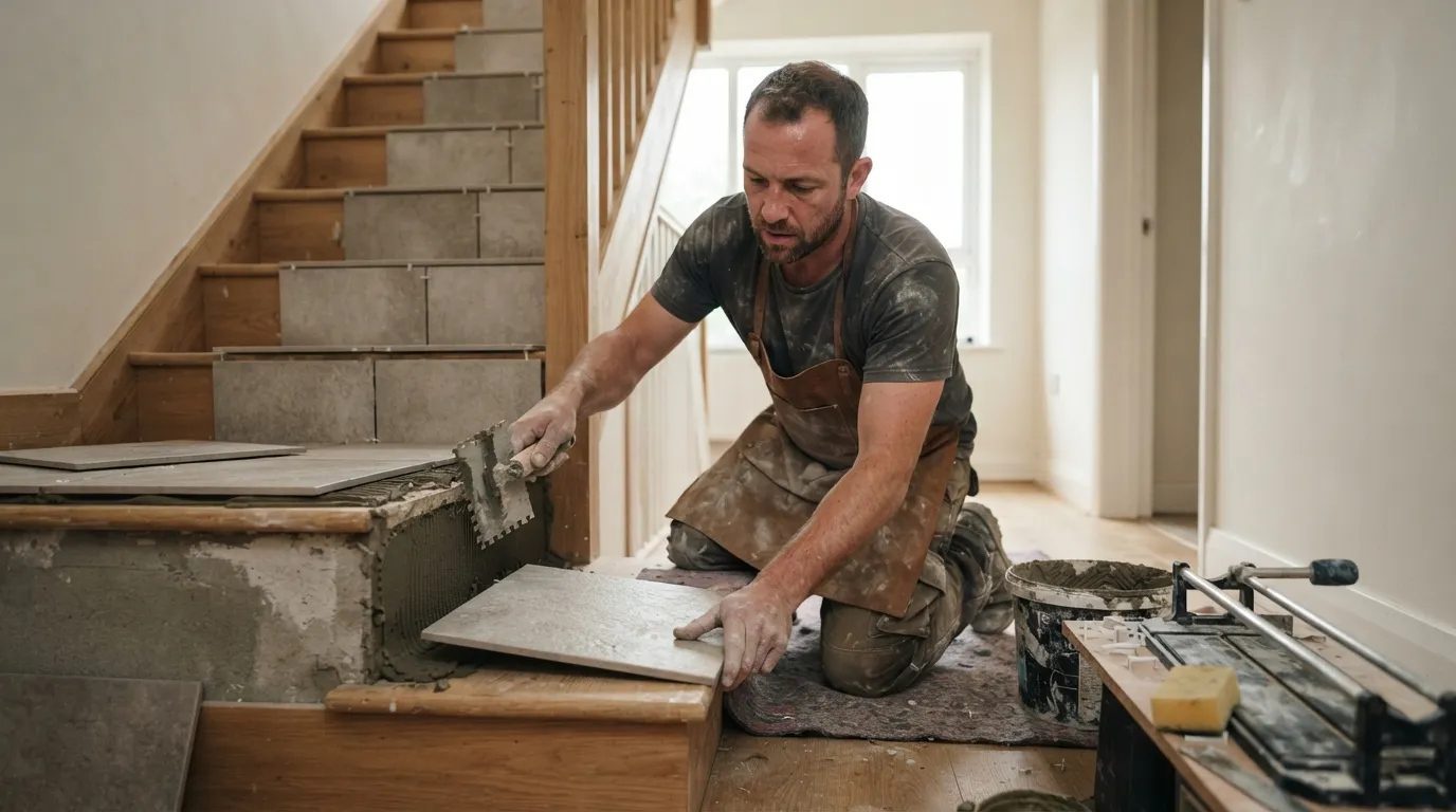 a person installing tiles on an indoor staircase