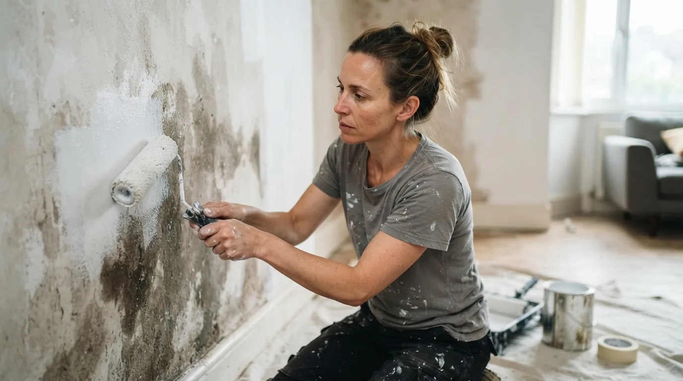 a person applying paint or primer to a wall with visible damp stains