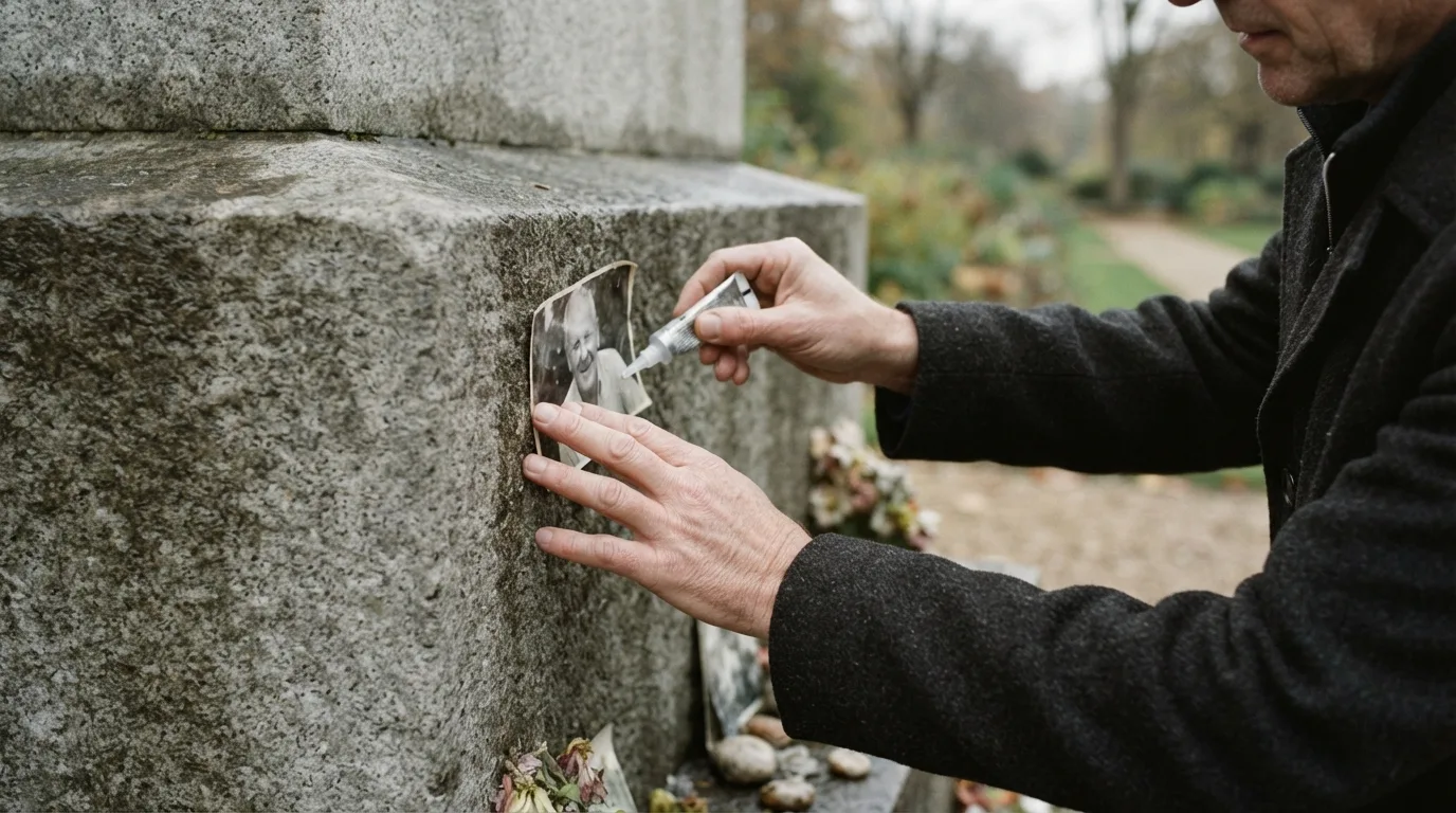 a person attaching a photograph to a stone monument with glue