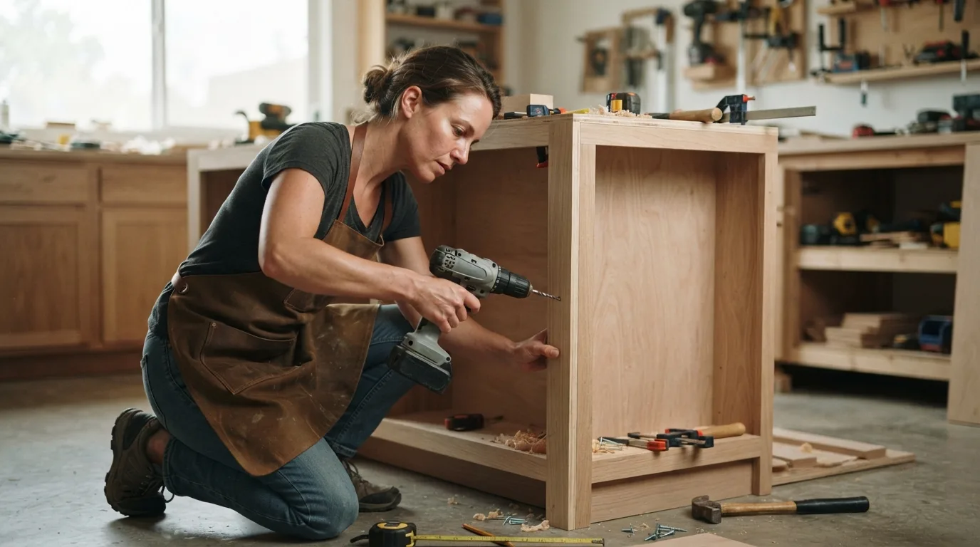 a person building a kitchen island with tools