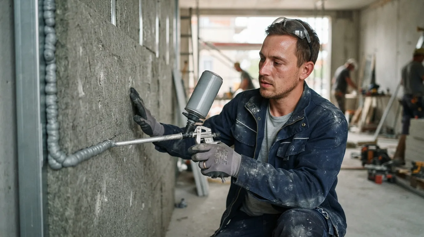 a worker applying foam adhesive to a large insulation panel
