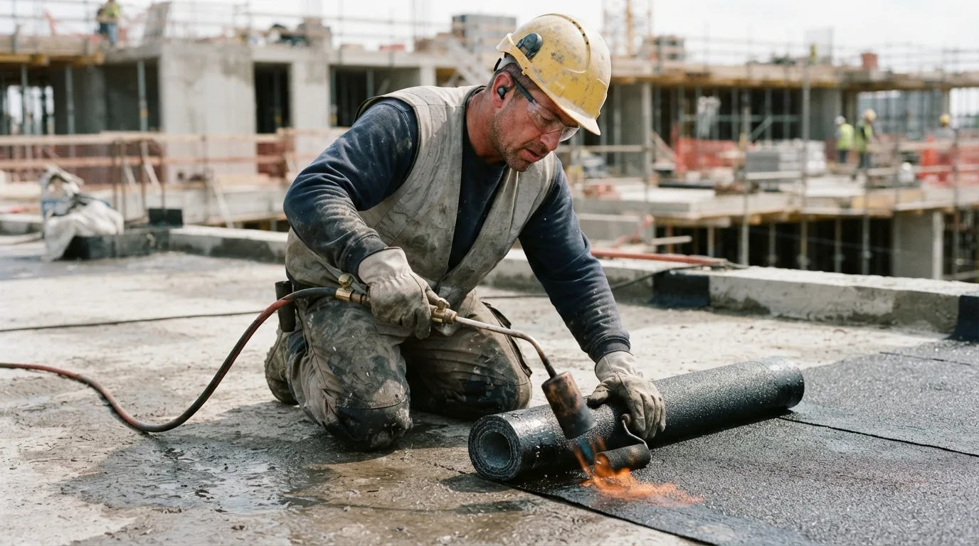 a construction worker applying a black waterproofing membrane on a concrete surface with a torch