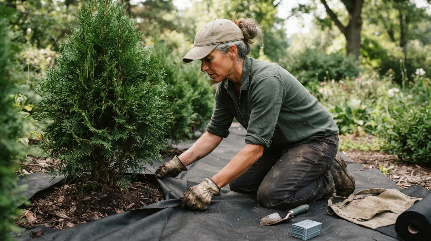 a gardener placing black fabric around evergreen shrubs