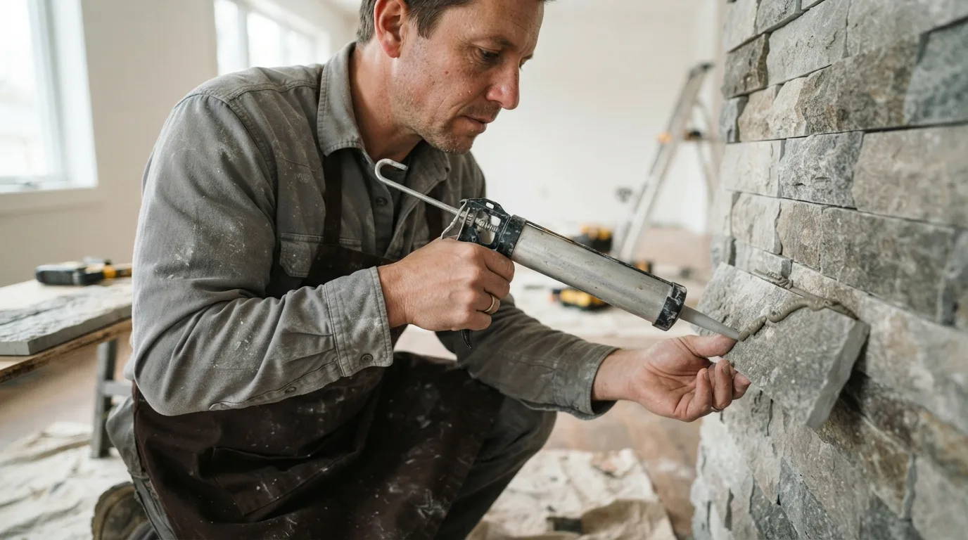 a person applying glue to a decorative stone panel on a wall