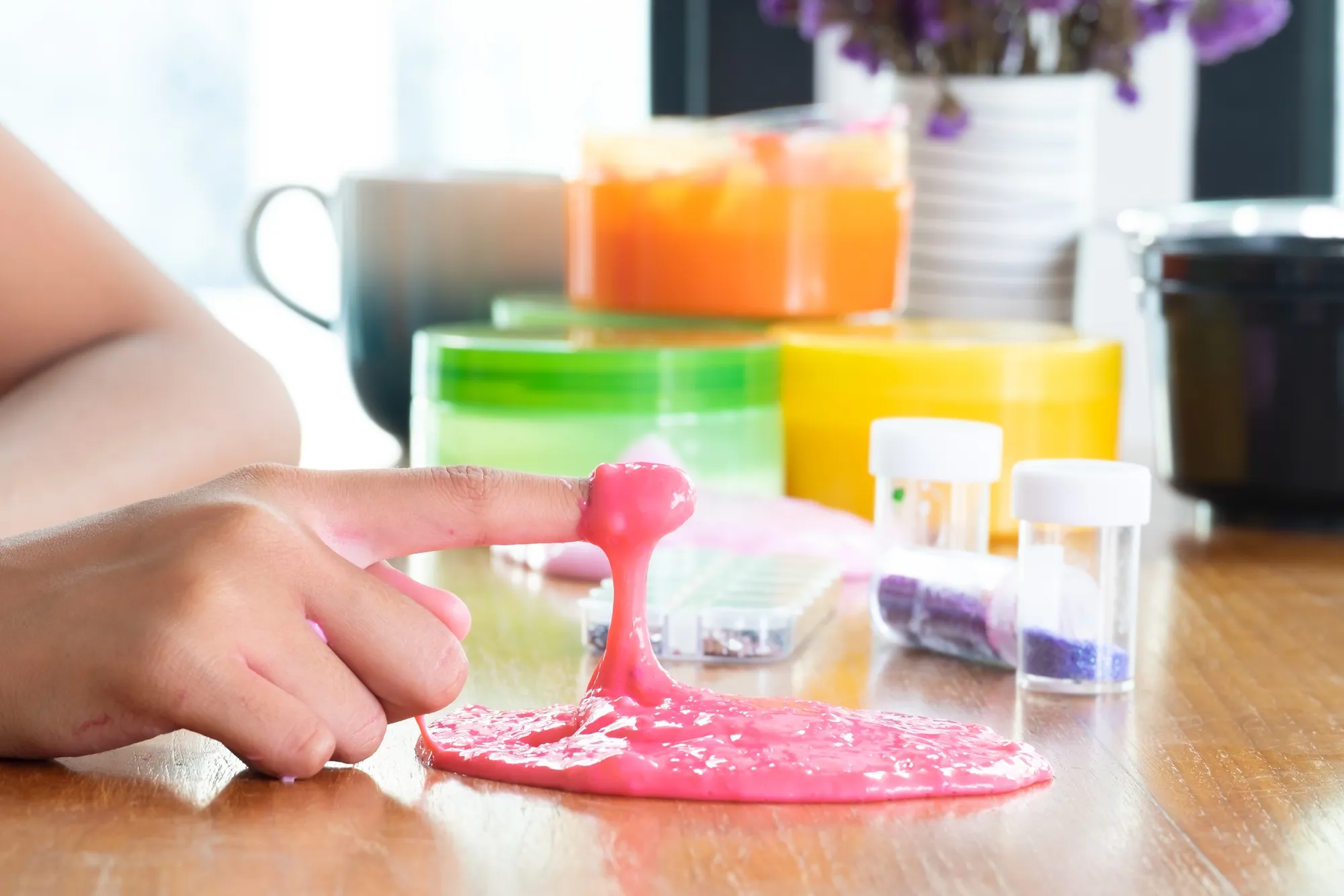Colorful of Homemade Toy Called Slime, Kids having fun by science experiment.