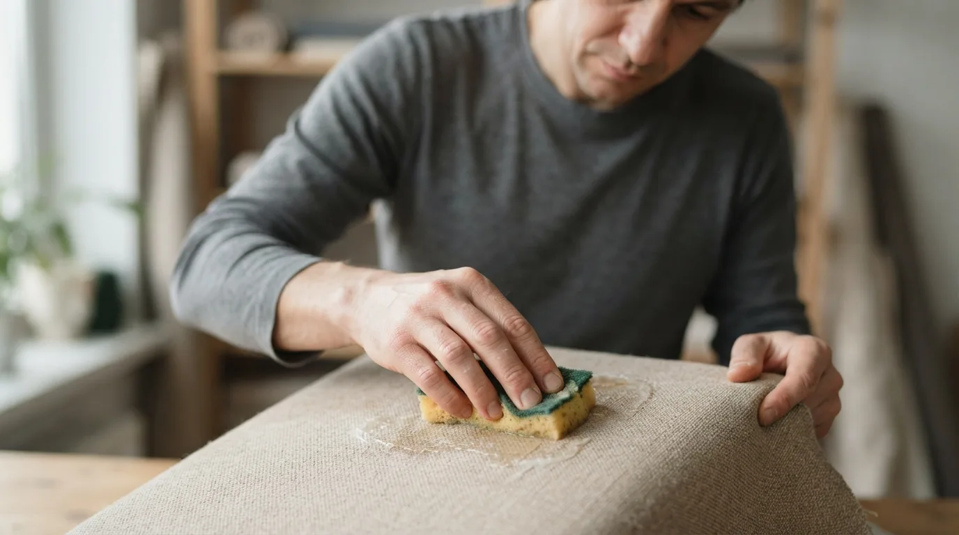 a person cleaning glue off a fabric surface with a sponge
