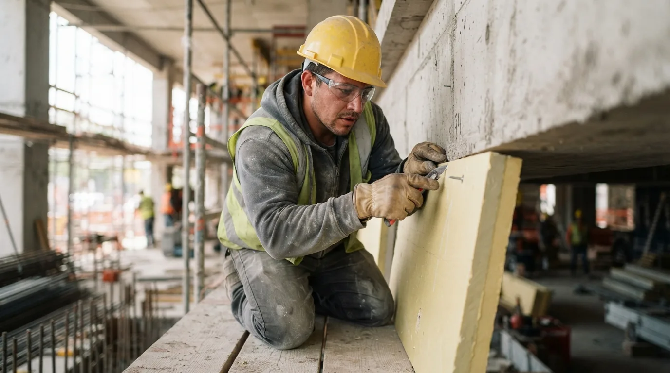 a construction worker installing insulation on a concrete beam