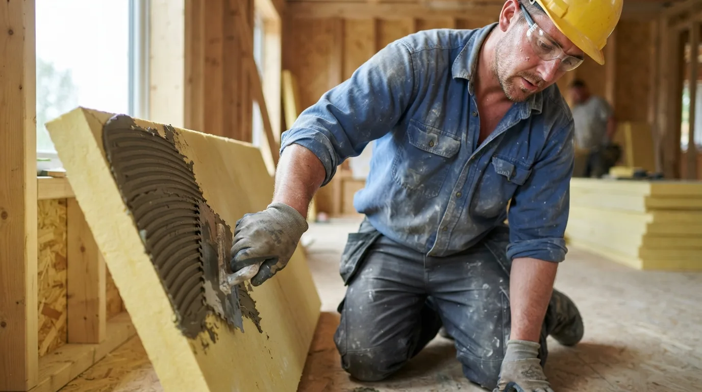 a worker applying adhesive to insulation board