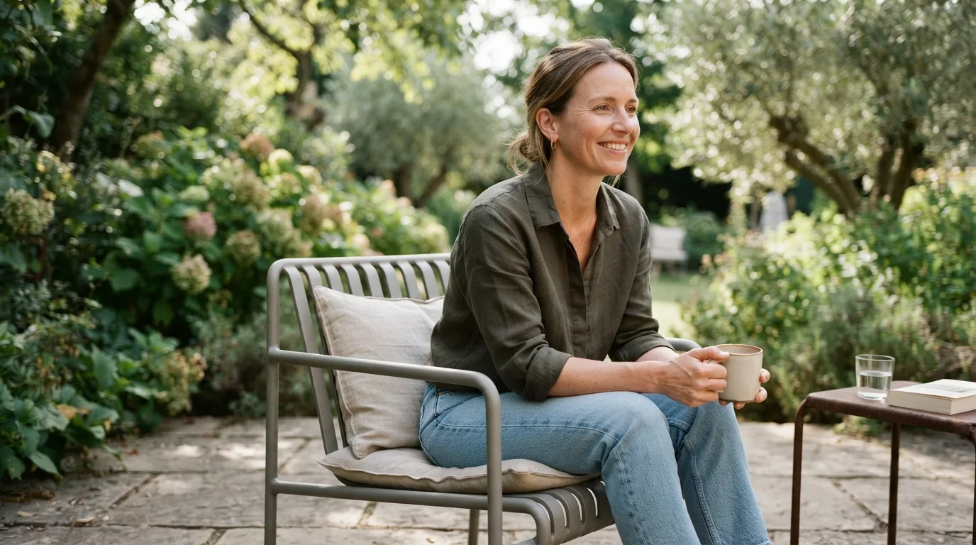 a person sitting on aluminum garden furniture on a patio