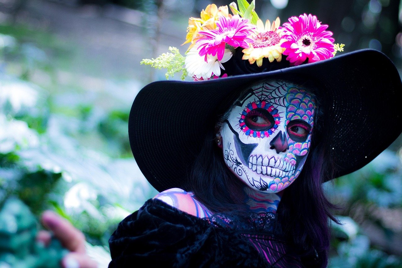 day of the dead, costume, makeup, cosmetics, flower wallpaper, face paint, hat, flowers, mexico, beautiful flowers, tradition, woman, flower background, nature, mask
