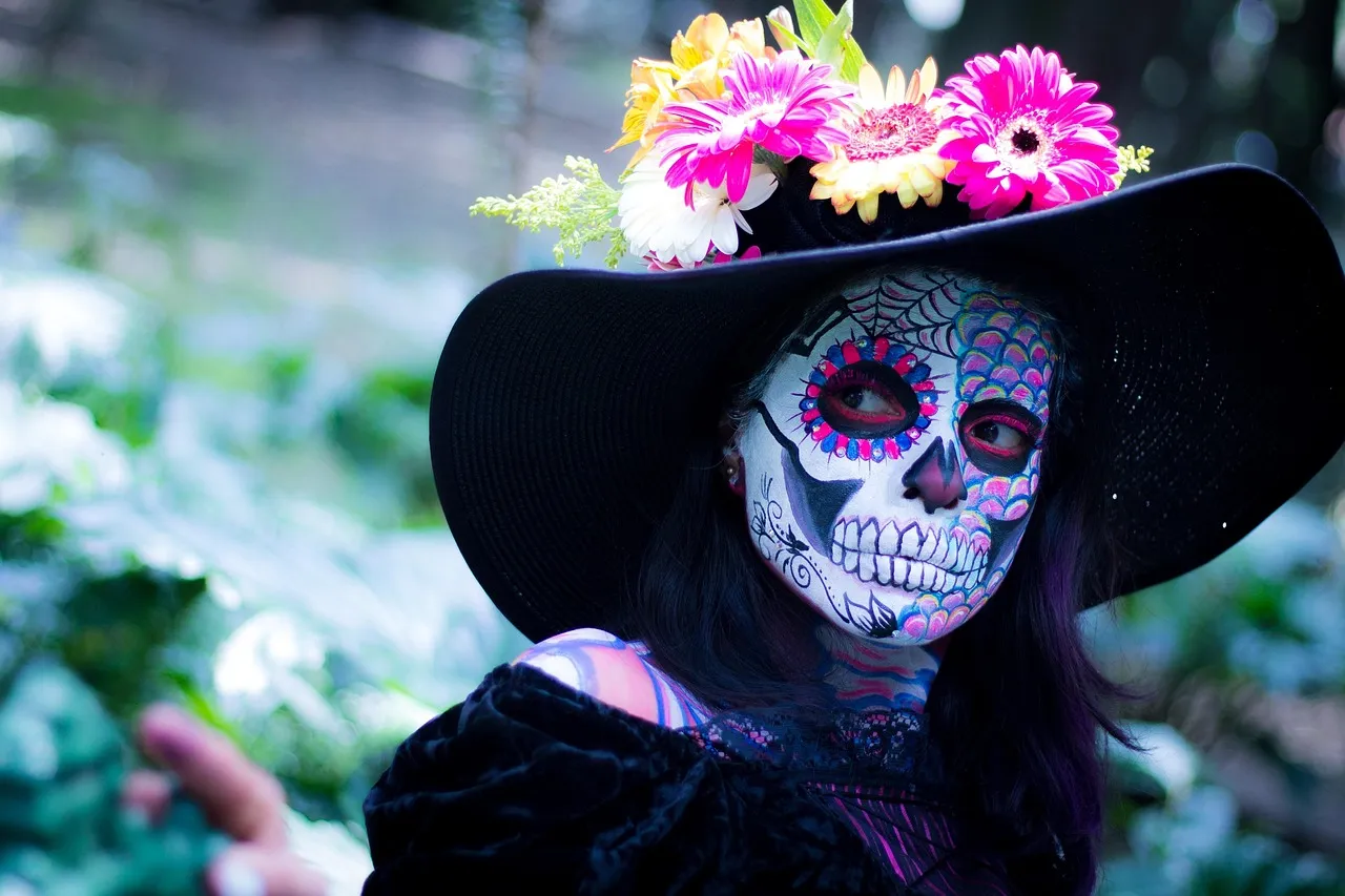 day of the dead, costume, makeup, cosmetics, flower wallpaper, face paint, hat, flowers, mexico, beautiful flowers, tradition, woman, flower background, nature, mask