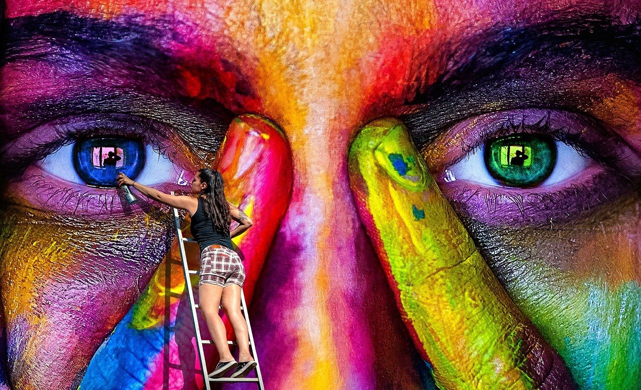 wall art, spray, graffiti, woman, colour, multicoloured, ladder, art, spray paint, painting, colorful, coloured, wall art, graffiti, graffiti, graffiti, graffiti, graffiti