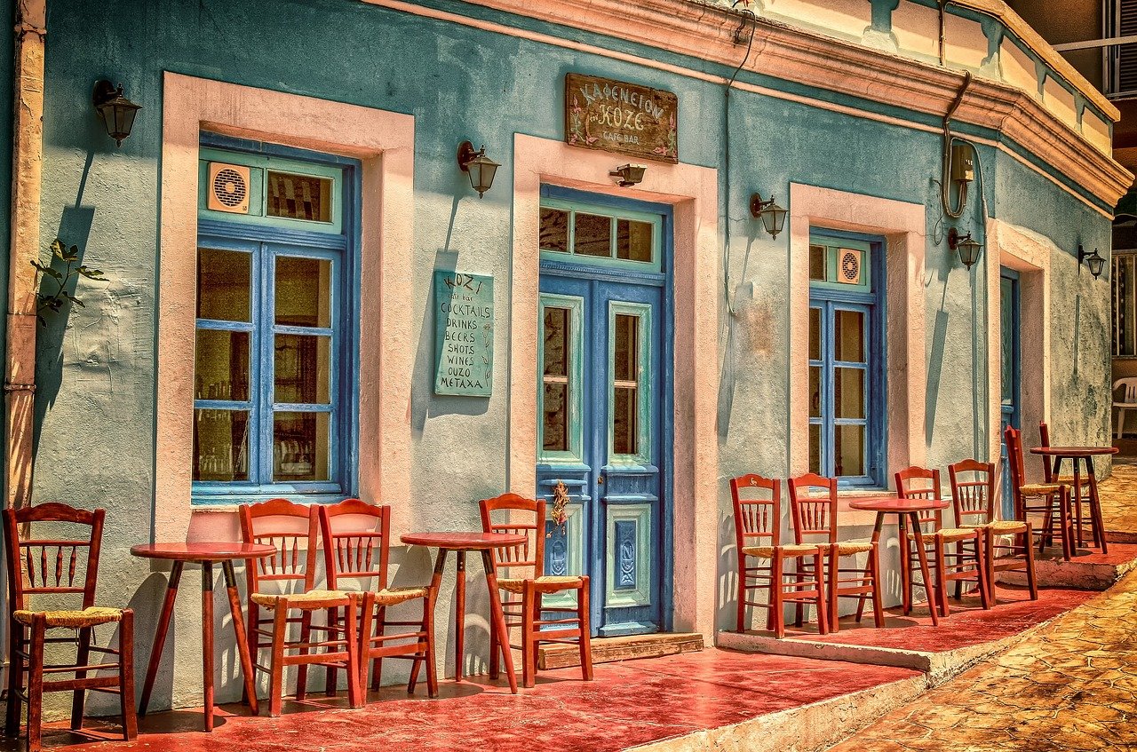 cafe, building, nature, greece, karpathos island, facade, architecture, chairs, tables, front, windows, door, restaurant, empty, closed, street, outdoors, summer, mediterranean, hd wallpaper