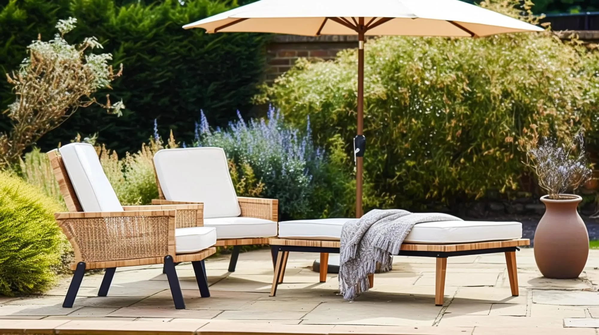 Garden furniture outdoor lounge and countryside house patio decor white sun lounger sunbed umbrella and country cottage landscape design postprocessed generative ai