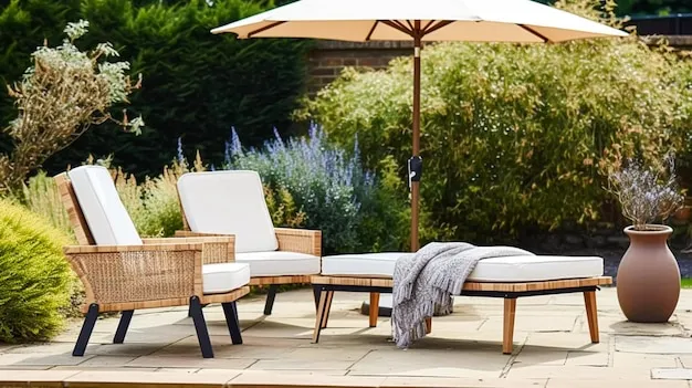 Garden furniture outdoor lounge and countryside house patio decor white sun lounger sunbed umbrella and country cottage landscape design postprocessed generative ai