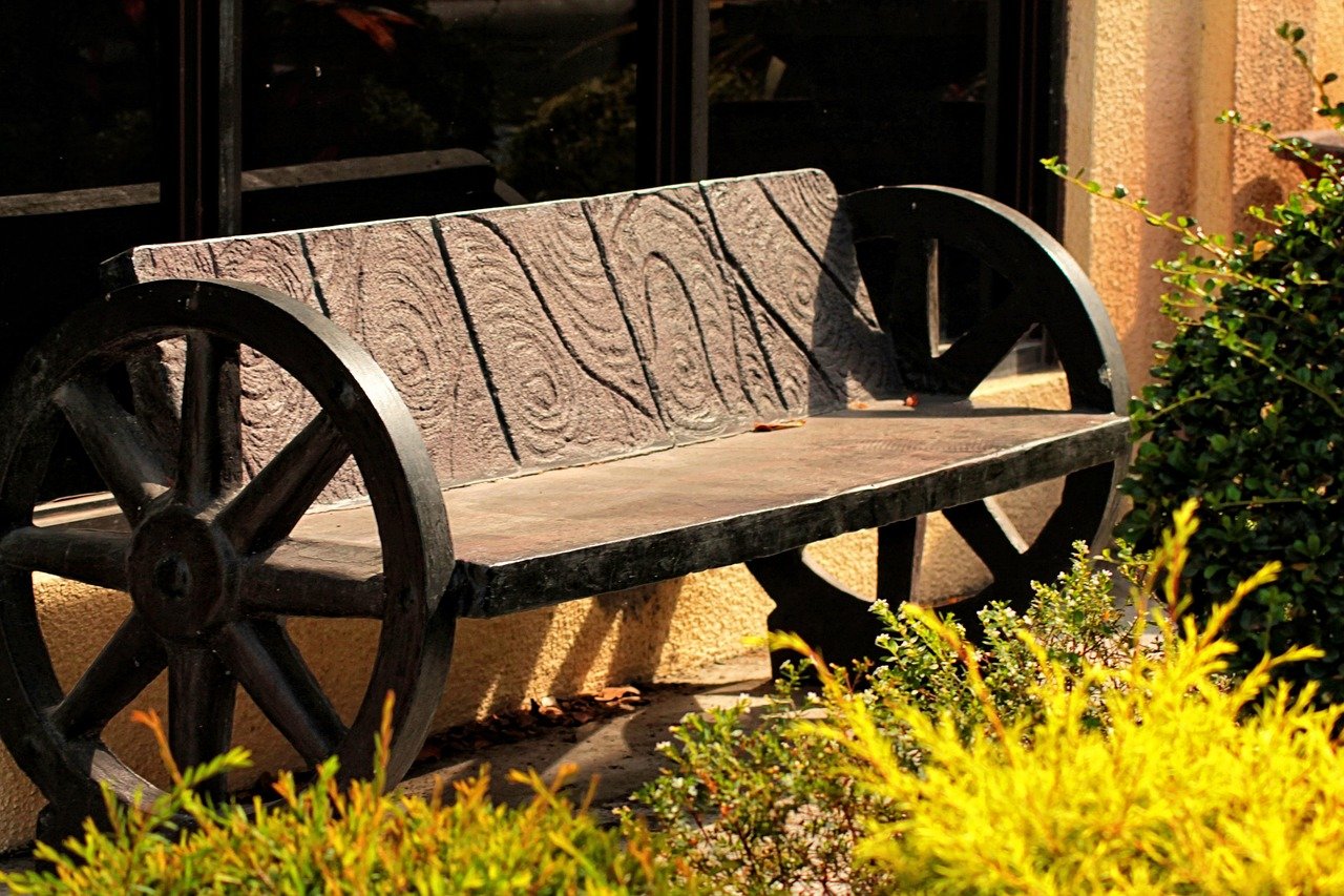 bench, wooden, wheels, wood, rest, seating, rural, seat, sit, handmade, furniture