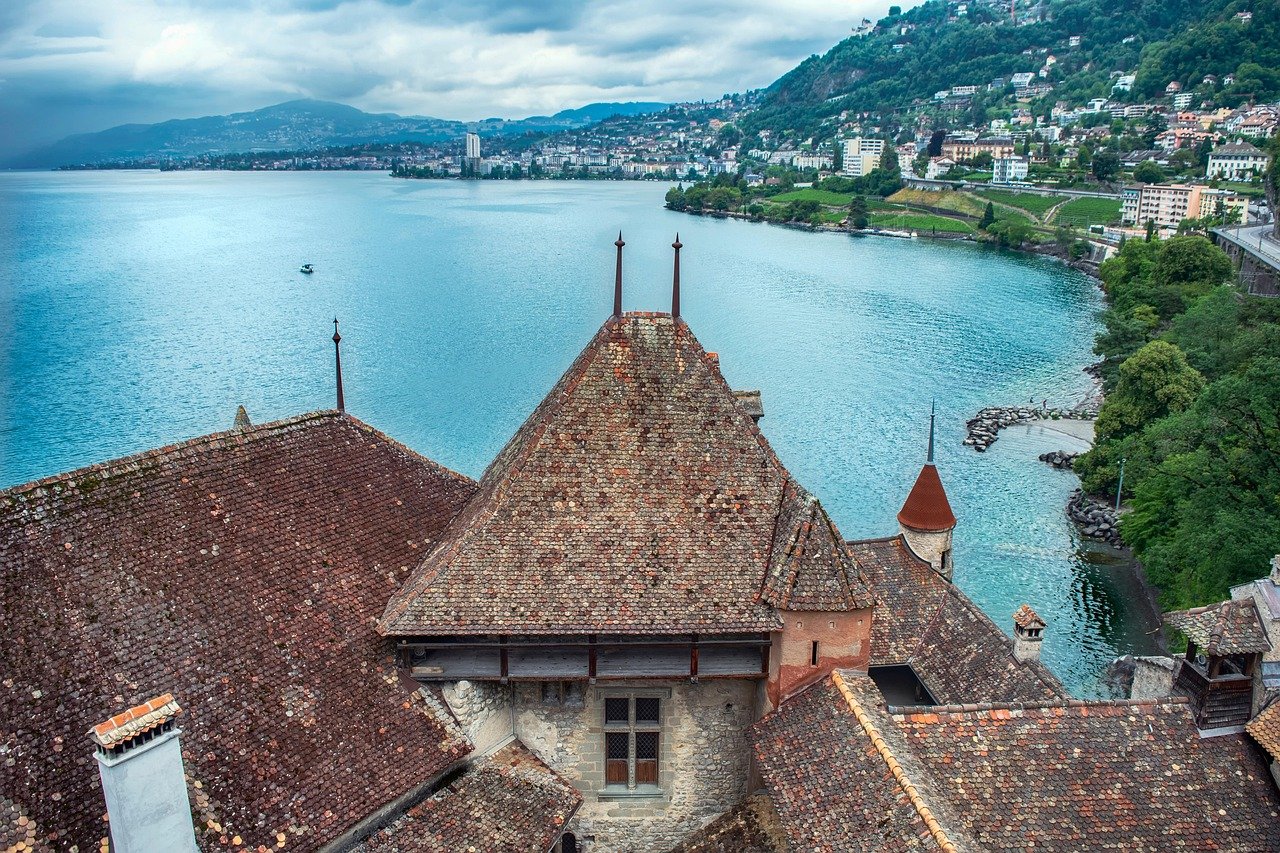 castle, roof, fortress, lake, nature, village, roofing, town, sky, switzerland, landscape