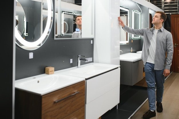 Man choosing a batgh sink with sales person