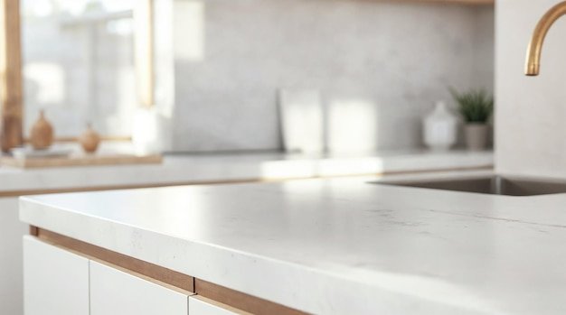 Modern Kitchen Interior with White Countertop and Brass Faucet