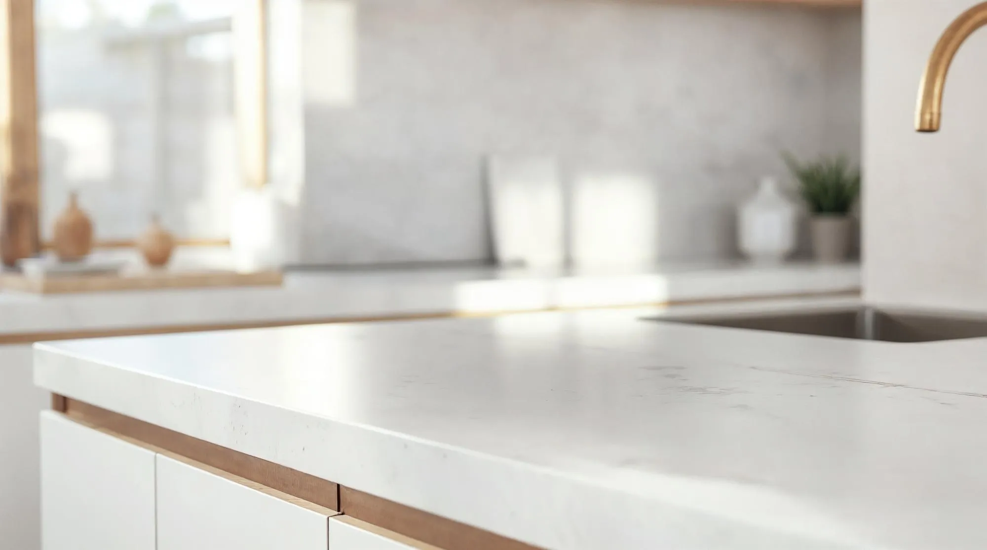 Modern Kitchen Interior with White Countertop and Brass Faucet