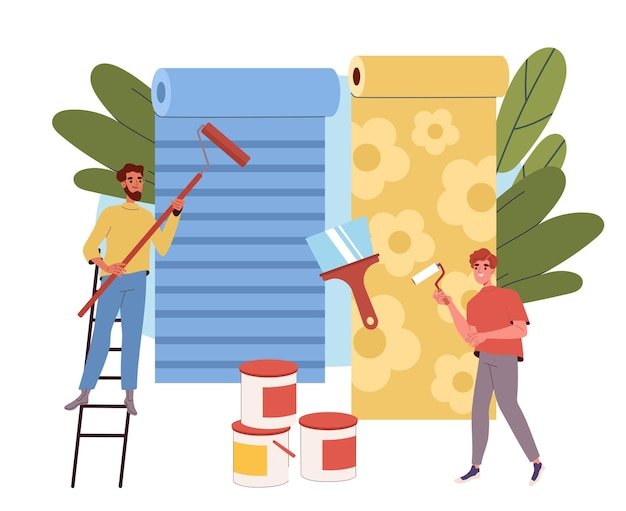 People pasting wallpaper men with roller blades and ladder gluing wallpaper in apartment renovation