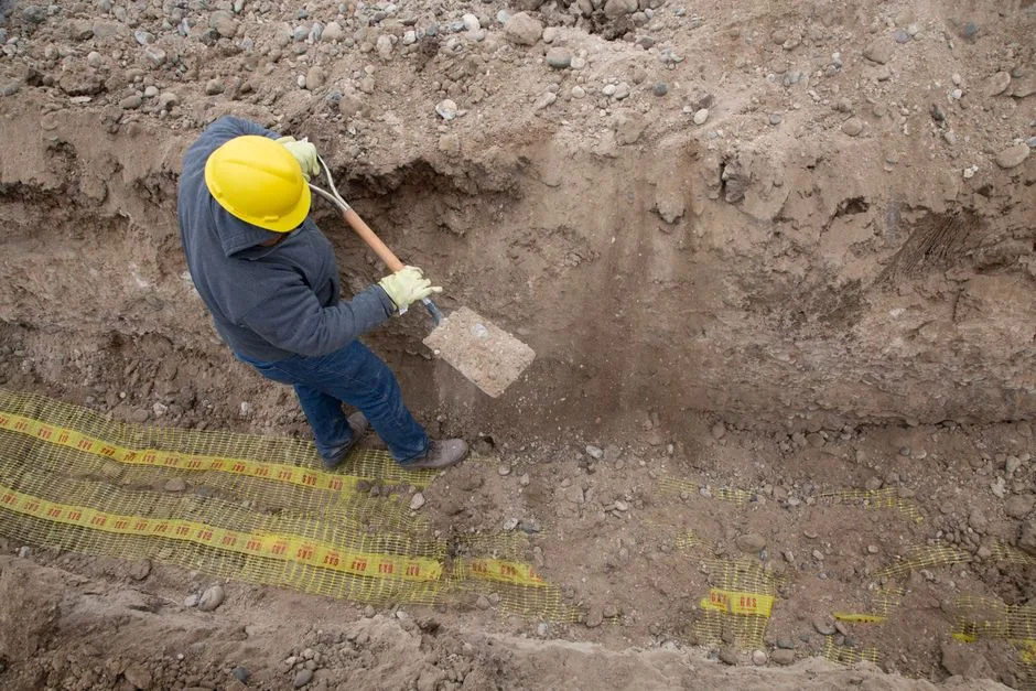 Overhead view of a construction worker digging a trench using a shovel at a site.